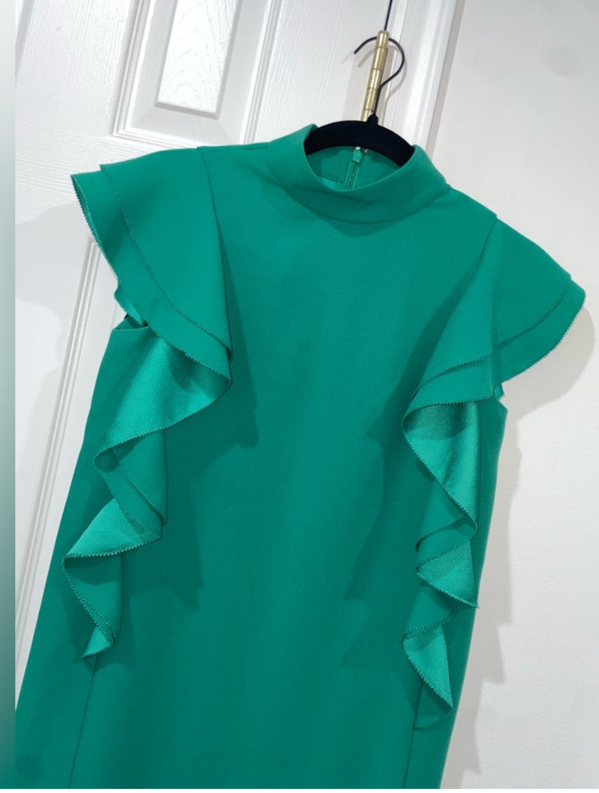 Kate Spade Emerald Green Satin Crepe Flutter Sleeve Shift Dress Size 00 $398