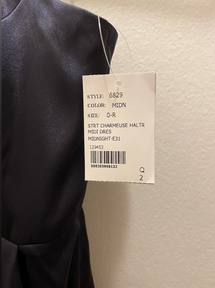 After Six Midnight Blue Charmeuse Halter Midi Dress Draped Tulip Skirt Sz 0