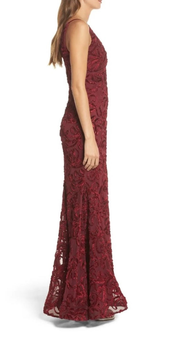 XSCAPE Flocked Velvet Mesh Formal Evening Gown Mermaid Dress Wine Red Sz 8 $258