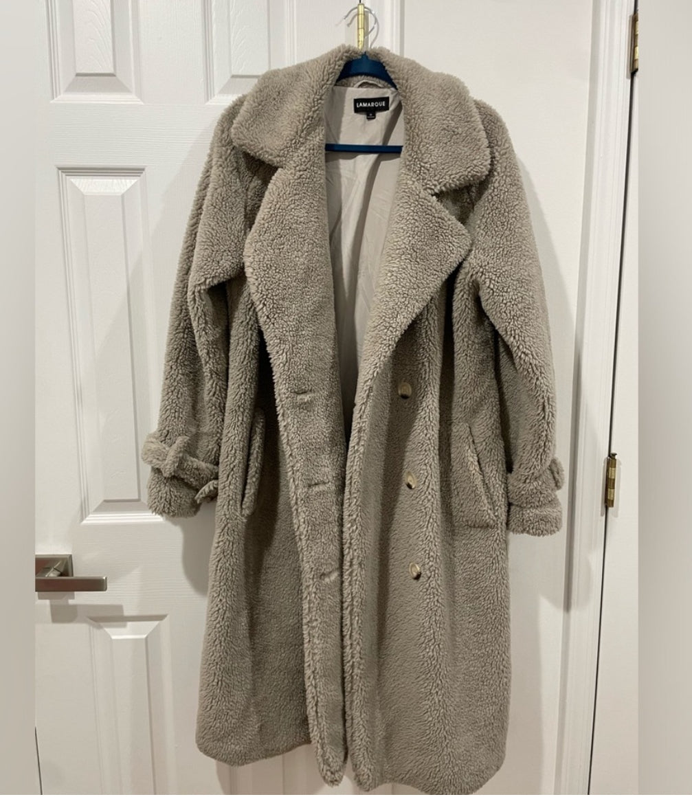 Lamarque Malani Taupe Oversized Faux Fur Sherpa Teddy Coat Size Medium $325