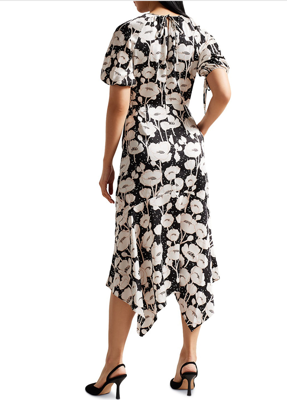 Ted Baker Abriee Puff Sleeve Textured Floral Midi Dress Size 0/US Size 2 $325