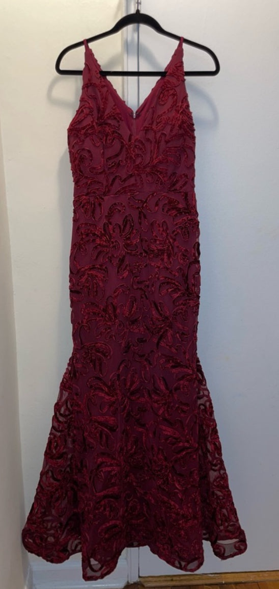 XSCAPE Flocked Velvet Mesh Formal Evening Gown Mermaid Dress Wine Red Sz 8 $258