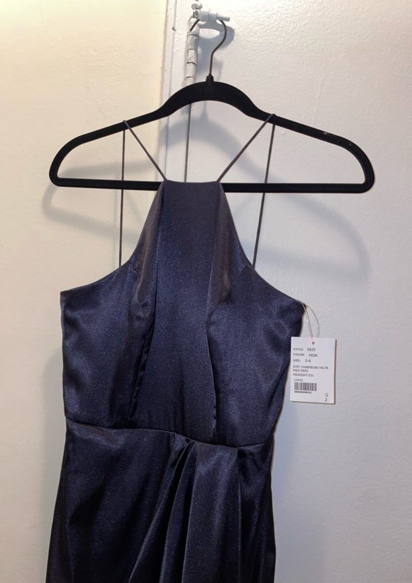 After Six Midnight Blue Charmeuse Halter Midi Dress Draped Tulip Skirt Sz 0