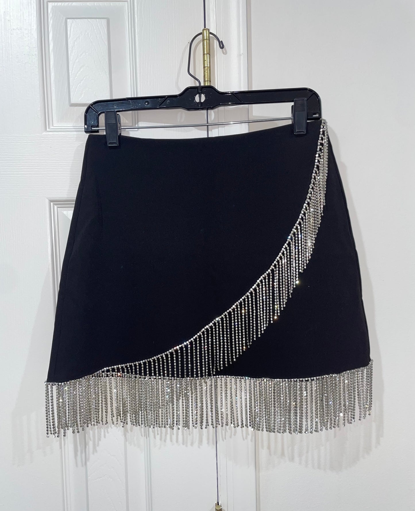 FORE Women's Rhinestone Fringe Black Mini Skirt Size Small $98