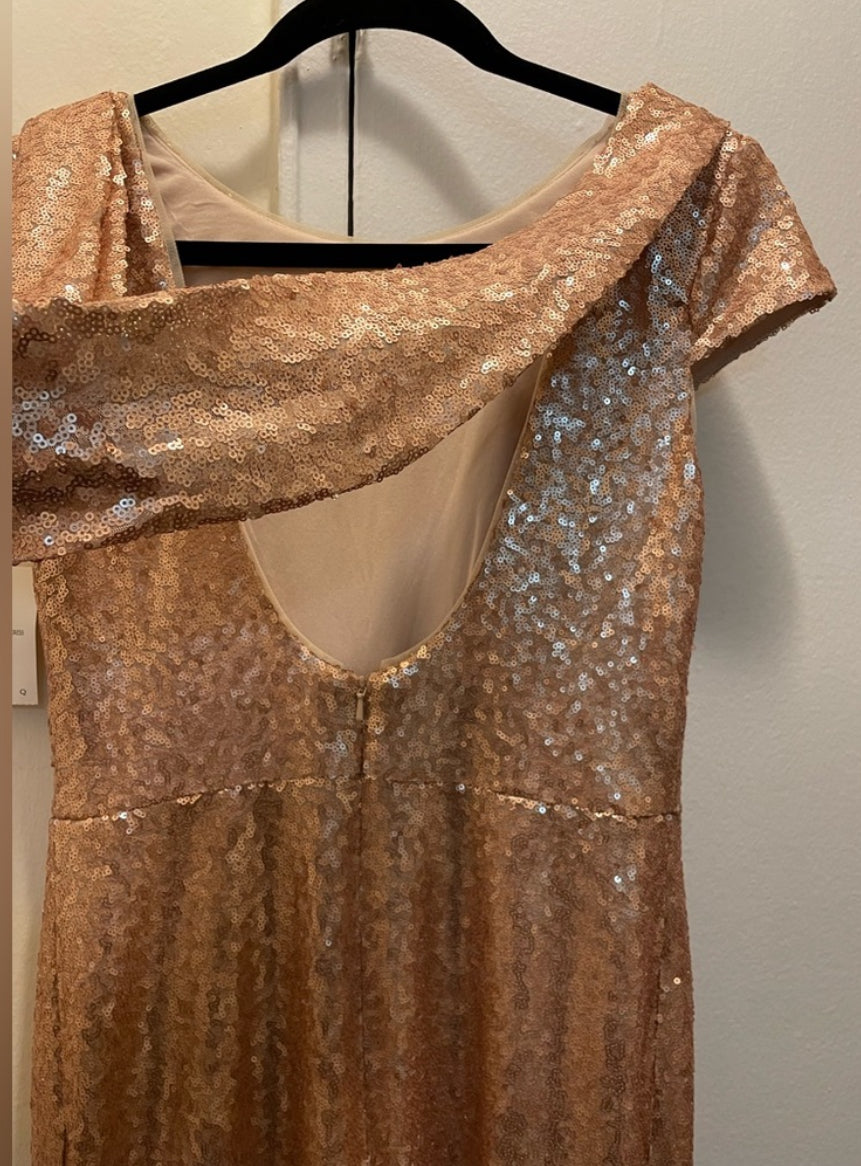 NWT DESSY COLLECTION Elle Rose Gold Sequin Maxi Dress Cowl Back Gown Size 6