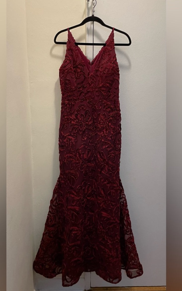 XSCAPE Flocked Velvet Mesh Formal Evening Gown Mermaid Dress Wine Red Sz 8 $258
