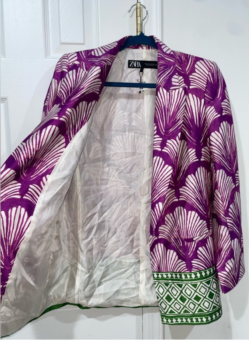 Zara Satin Effect Printed Blazer Purple Multicolor Blogger’s Favorite Size Small