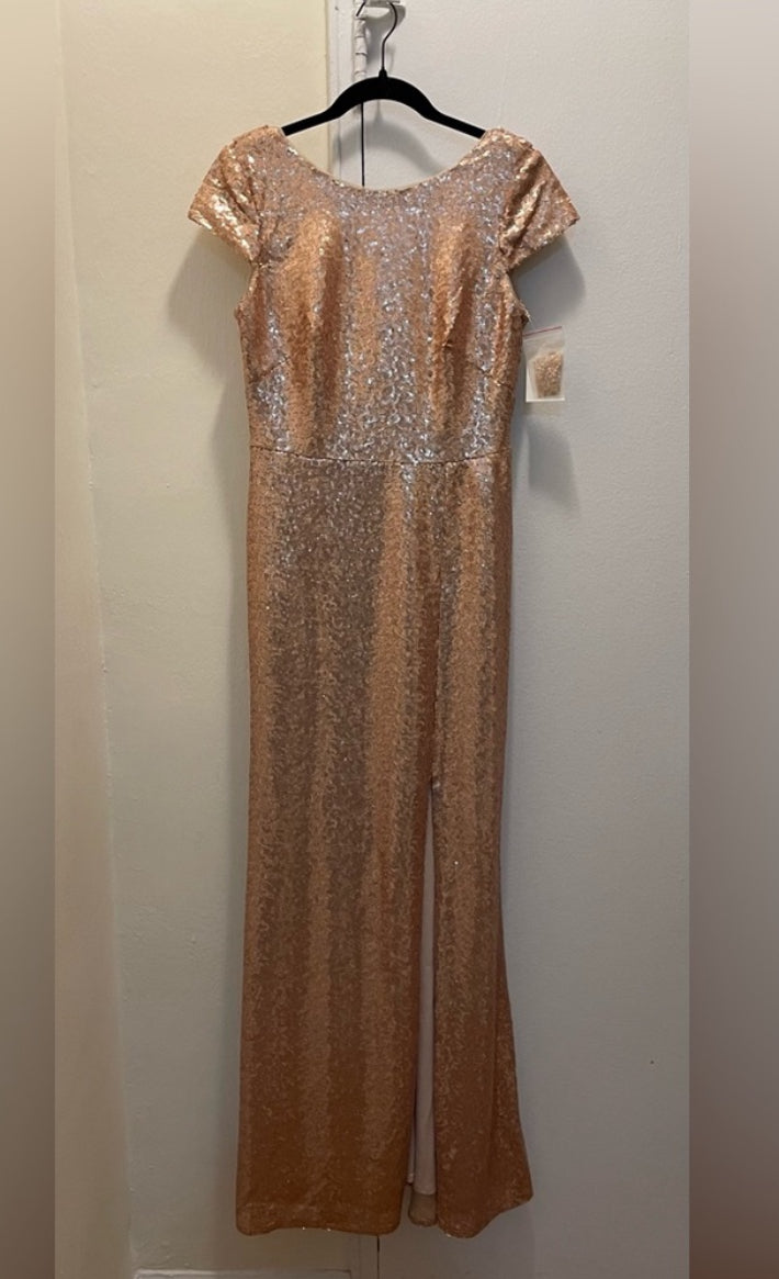 NWT DESSY COLLECTION Elle Rose Gold Sequin Maxi Dress Cowl Back Gown Size 6