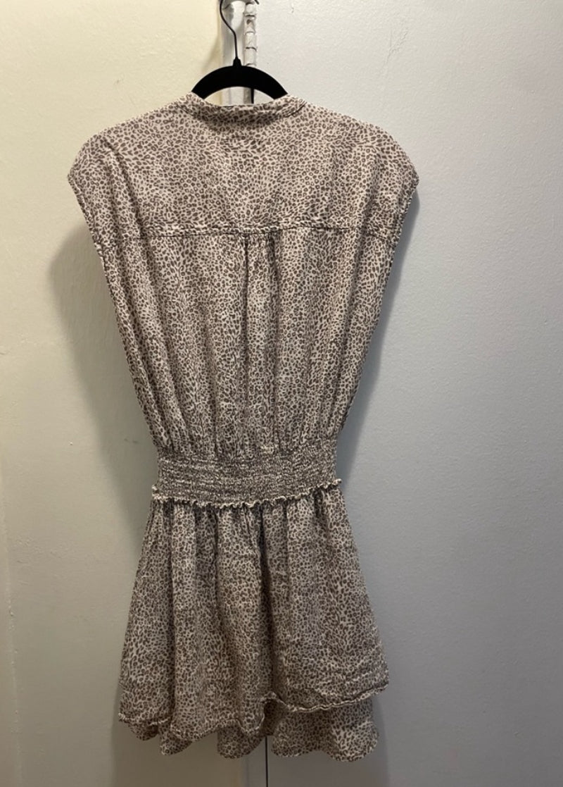 Rails Angelina Smocked Waist Tiered Mini Dress Sand Cheetah Linen Blend Size XS