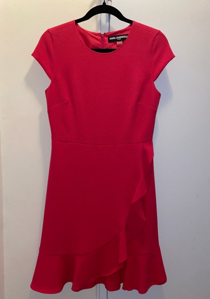 Karl Lagerfeld Pink Ruffle Fit & Flare Cap Sleeve Sheath Dress Size 2