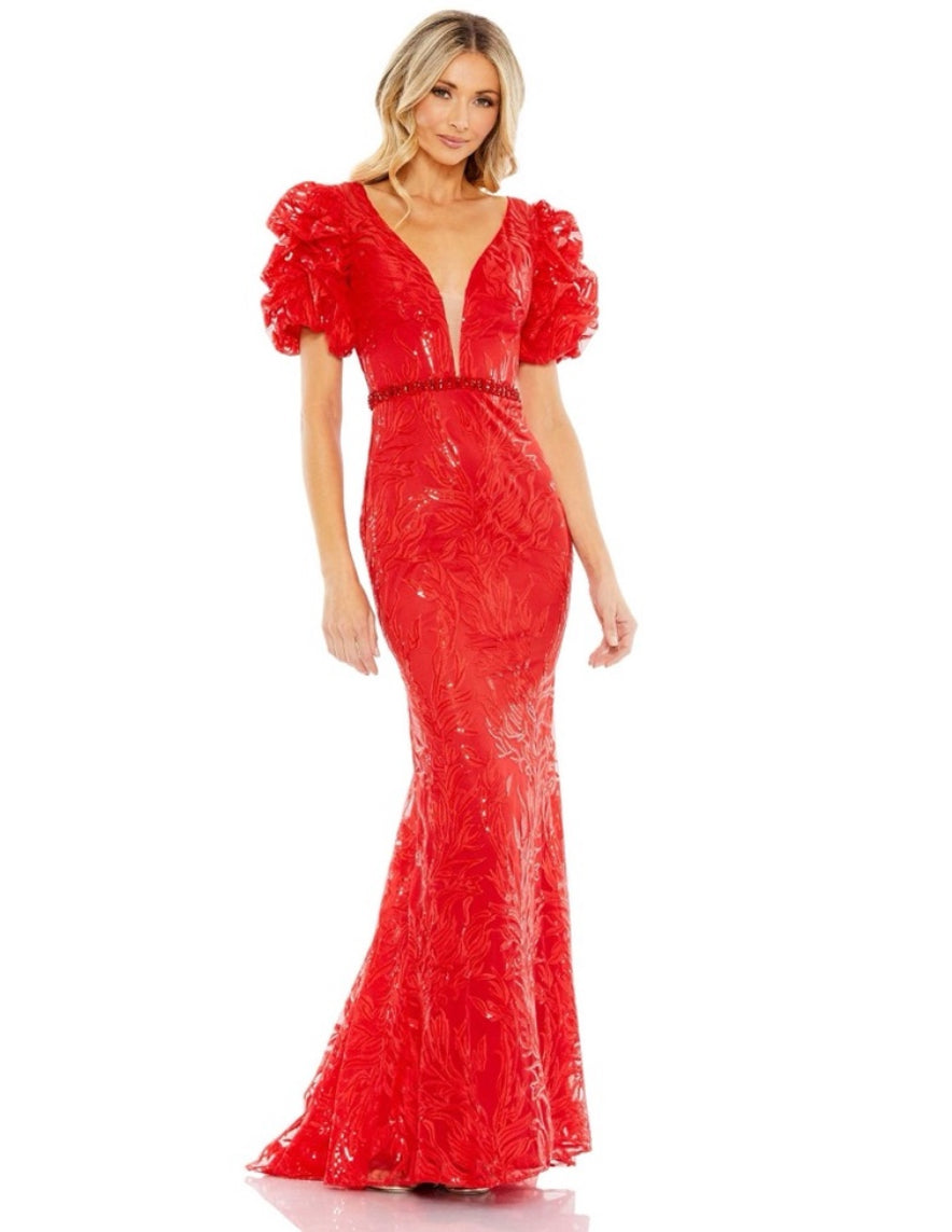 NWT MAC DUGGAL 12421 Red Embellished Puff Sleeve Plunge Neck Trumpet Gown Size 8