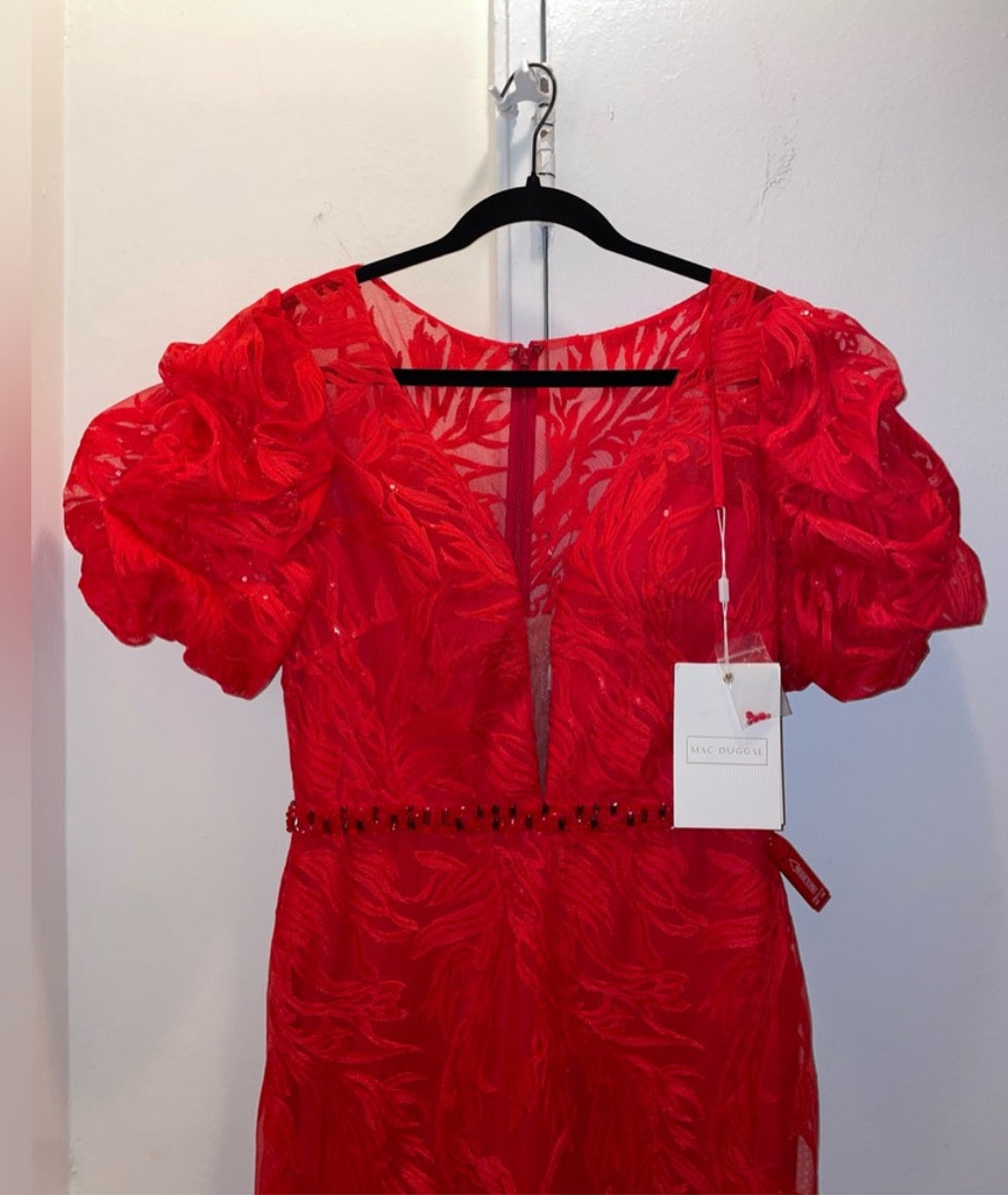 NWT MAC DUGGAL 12421 Red Embellished Puff Sleeve Plunge Neck Trumpet Gown Size 8