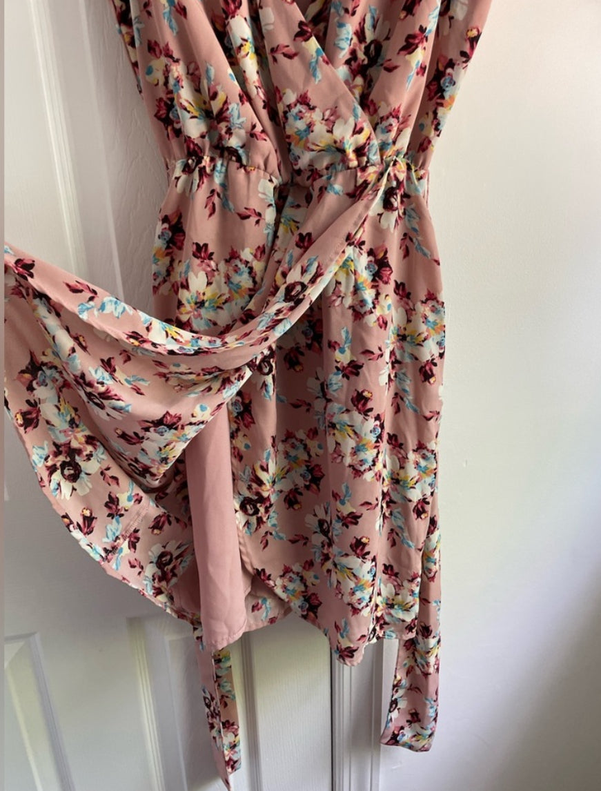 Charles Henry Blush Floral Sleeveless Faux Wrap Belted Mini Dress Size XS $88