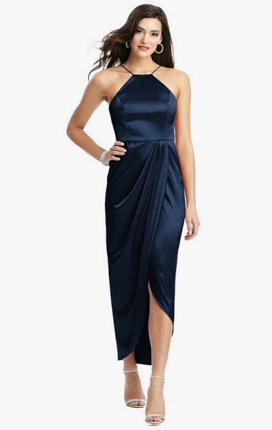 After Six Midnight Blue Charmeuse Halter Midi Dress Draped Tulip Skirt Sz 0 NWT