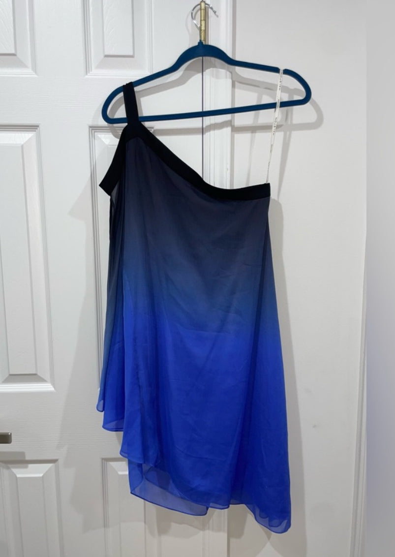 Halston Heritage Blue Ombré Chiffon Dress One Shoulder Size 8 $395