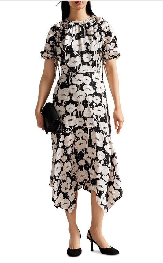 Ted Baker Abriee Puff Sleeve  Textured Floral Midi Dress Size 0/US Size 2 $325