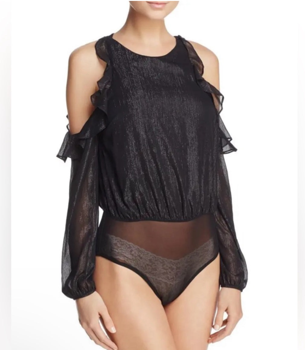 ASTR The Label Analesse Cold Shoulder Black Shimmer Bodysuit Top Sz Medium