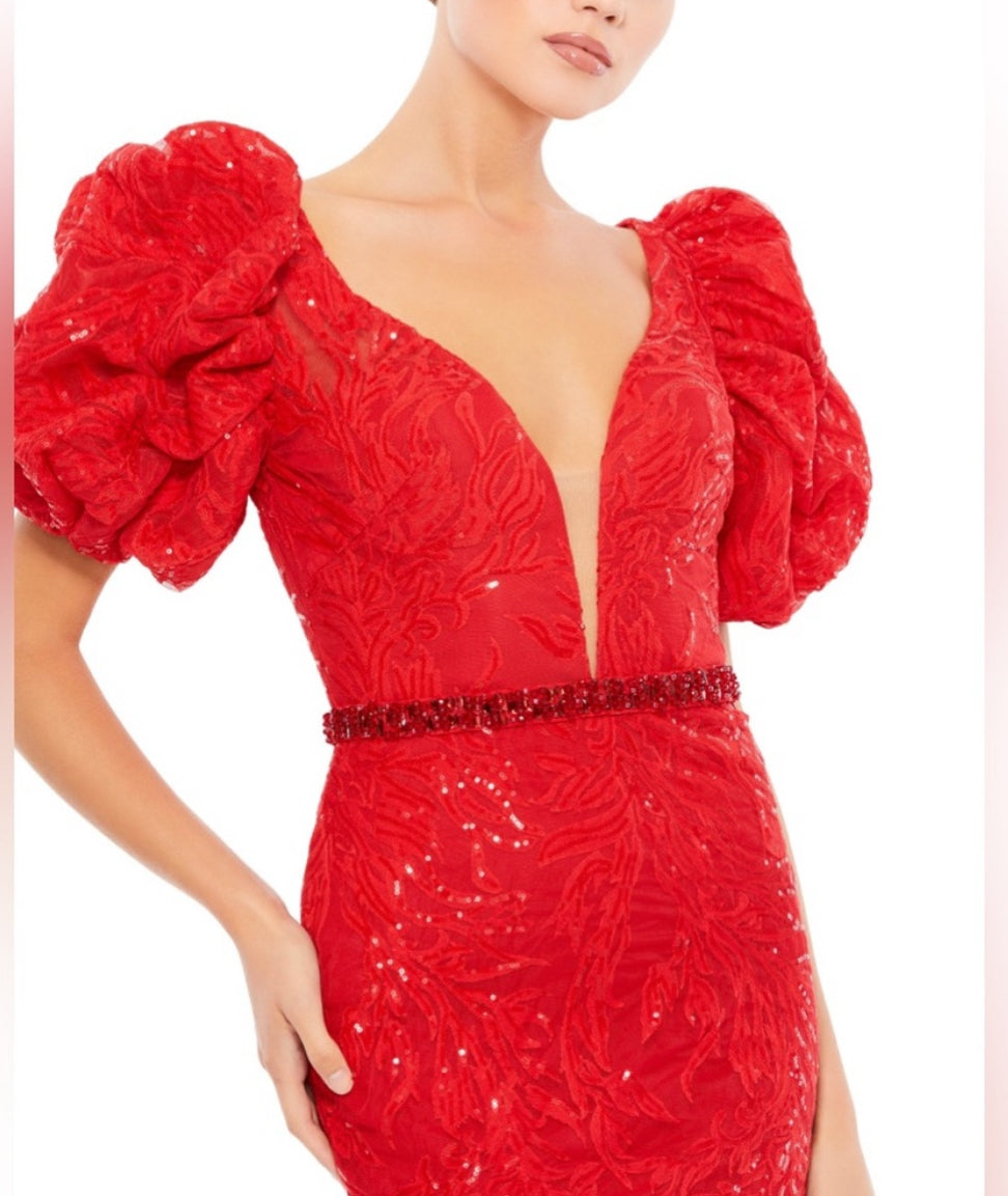 NWT MAC DUGGAL 12421 Red Embellished Puff Sleeve Plunge Neck Trumpet Gown Size 8