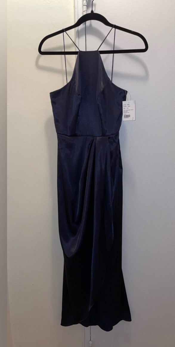 After Six Midnight Blue Charmeuse Halter Midi Dress Draped Tulip Skirt Sz 0 NWT