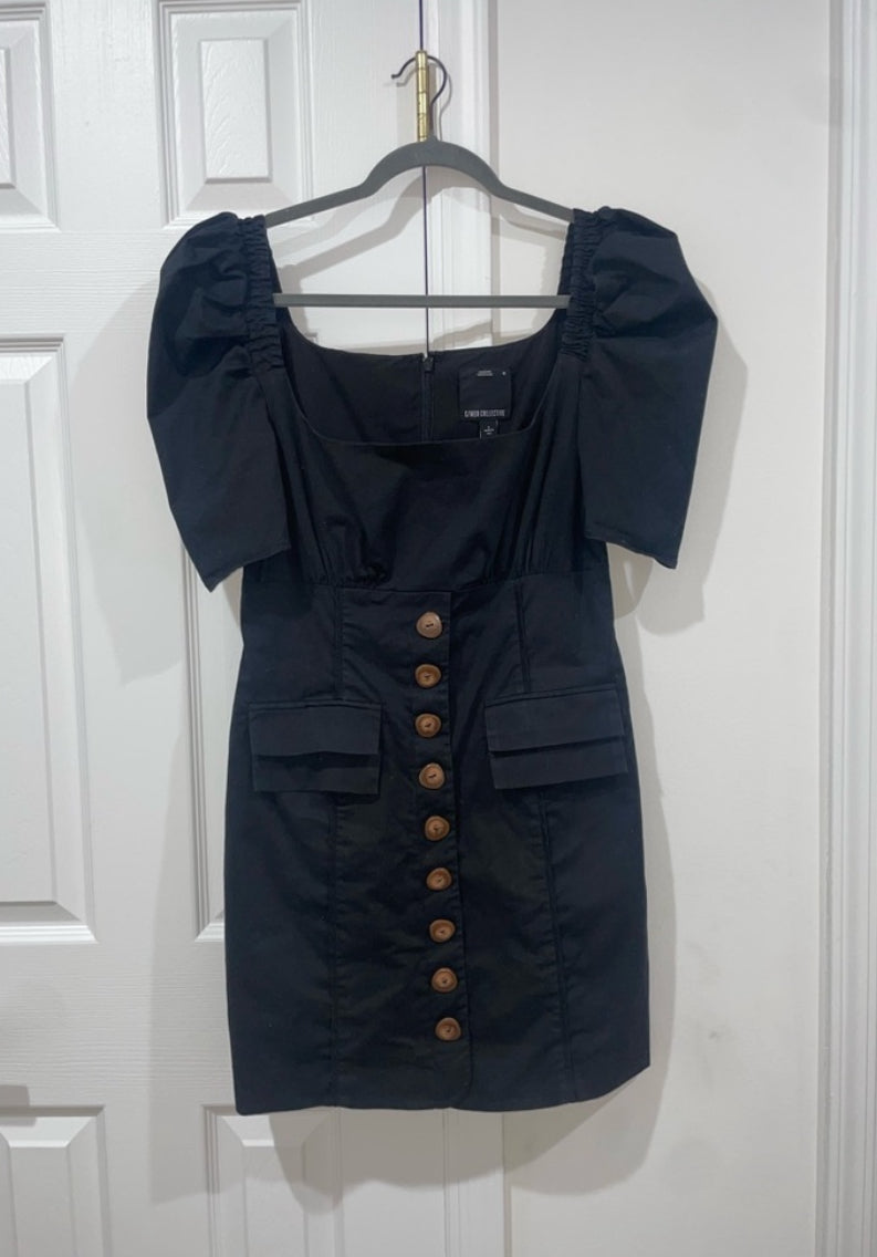 C/MEO Collective Subscribe Dress Black Puff Sleeve Mini Square Neck Size Medium