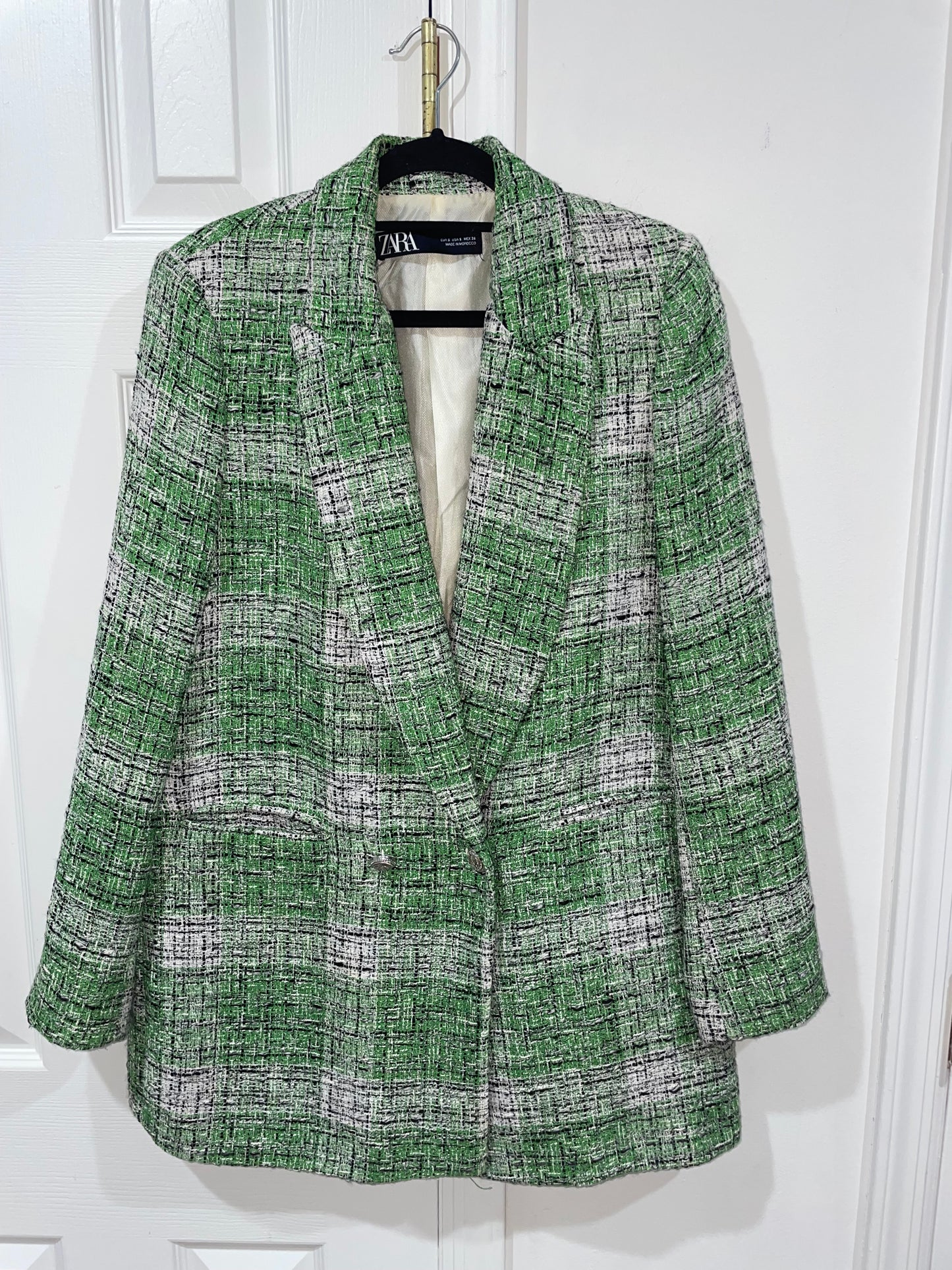 Zara Green Plaid Tweed Oversized Blazer Jacket Blogger’s Fave Size Small