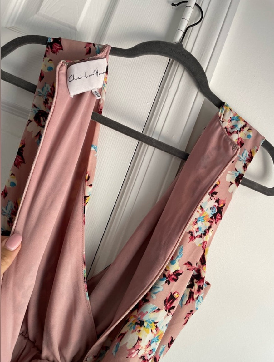 Charles Henry Blush Floral Sleeveless Faux Wrap Belted Mini Dress Size XS $88