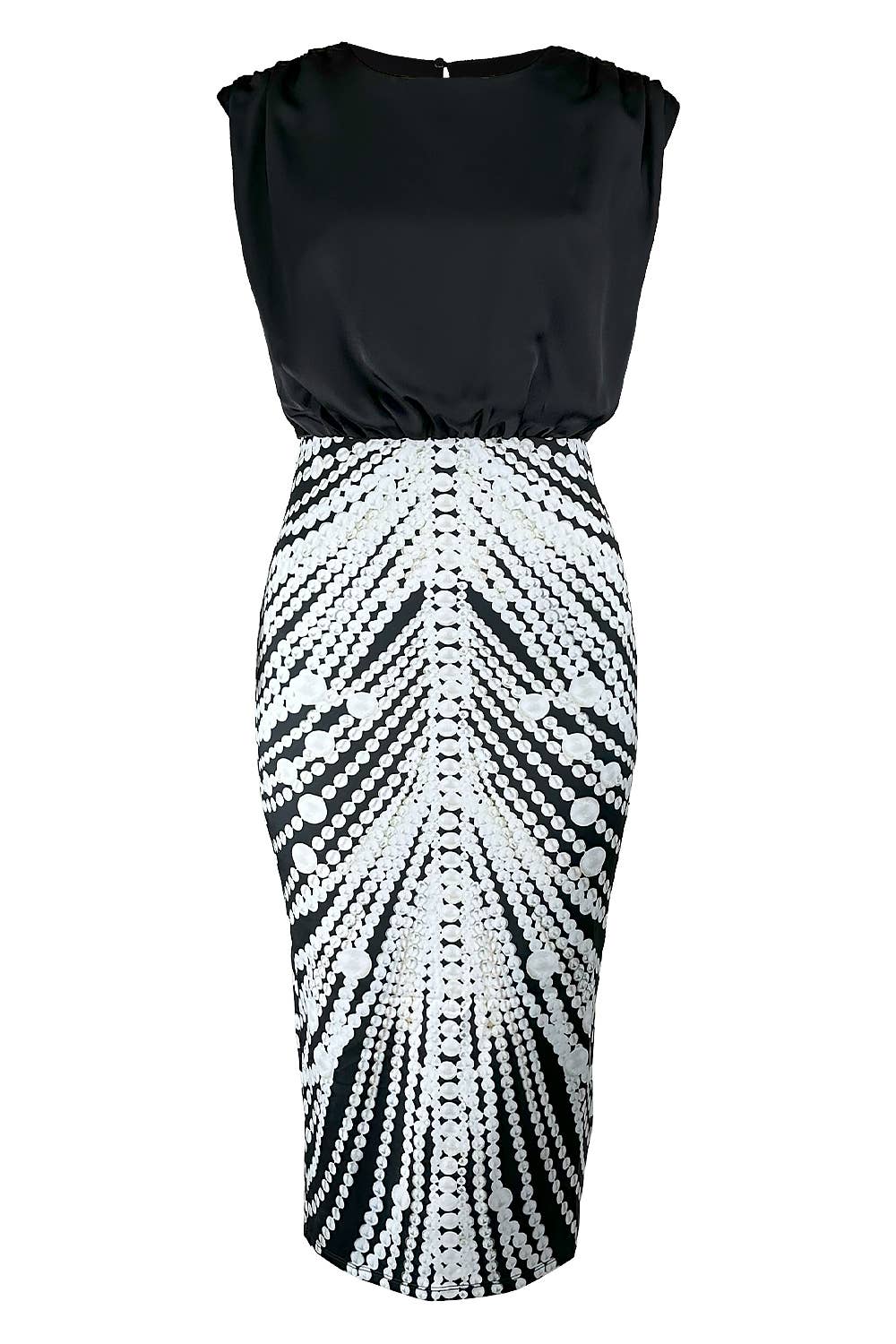 Her.. Bottari Black Satin Pearl Printed Sheath Pencil Midi Dress Size Small