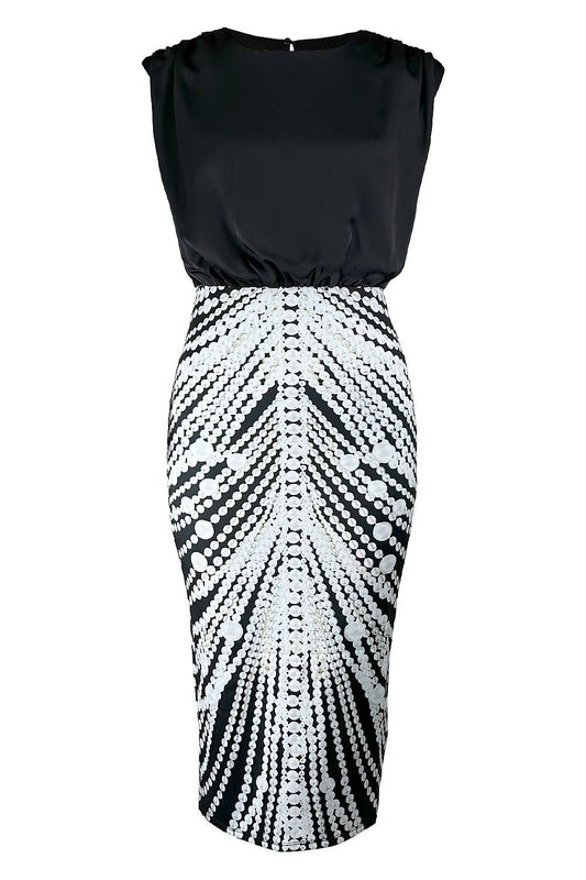 Her.. Bottari Black Satin Pearl Printed Sheath Pencil Midi Dress Size Small