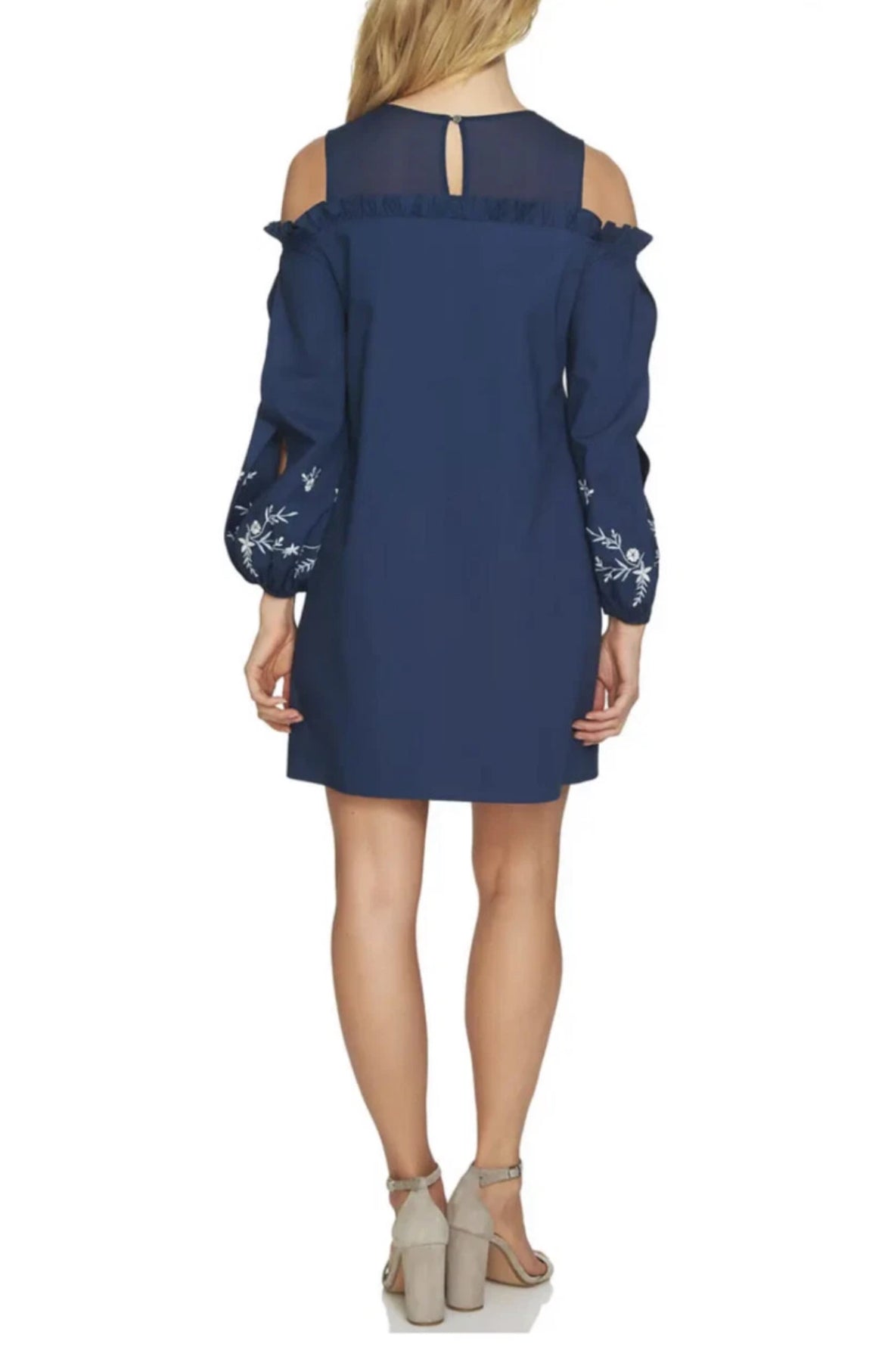 CeCe Cold Shoulder Navy Blue Embroidered Long Sleeve Shift Dress Size 10