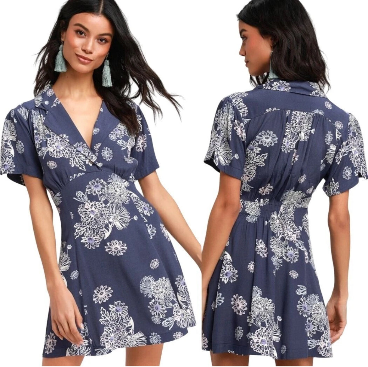 Free People Blue Hawaii Fit & Flare Floral Print Short Sleeve Mini Dress Size XS