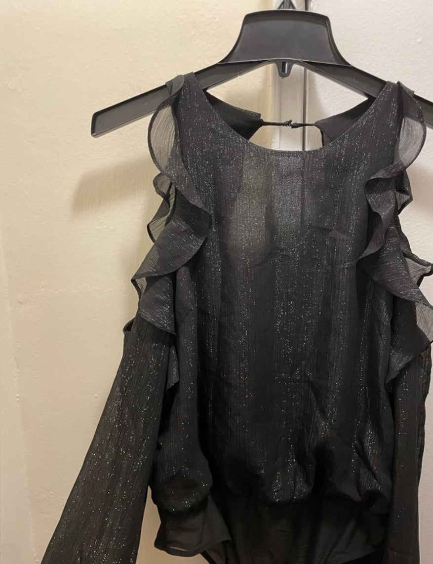ASTR The Label Analesse Cold Shoulder Black Shimmer Bodysuit Top Sz Medium