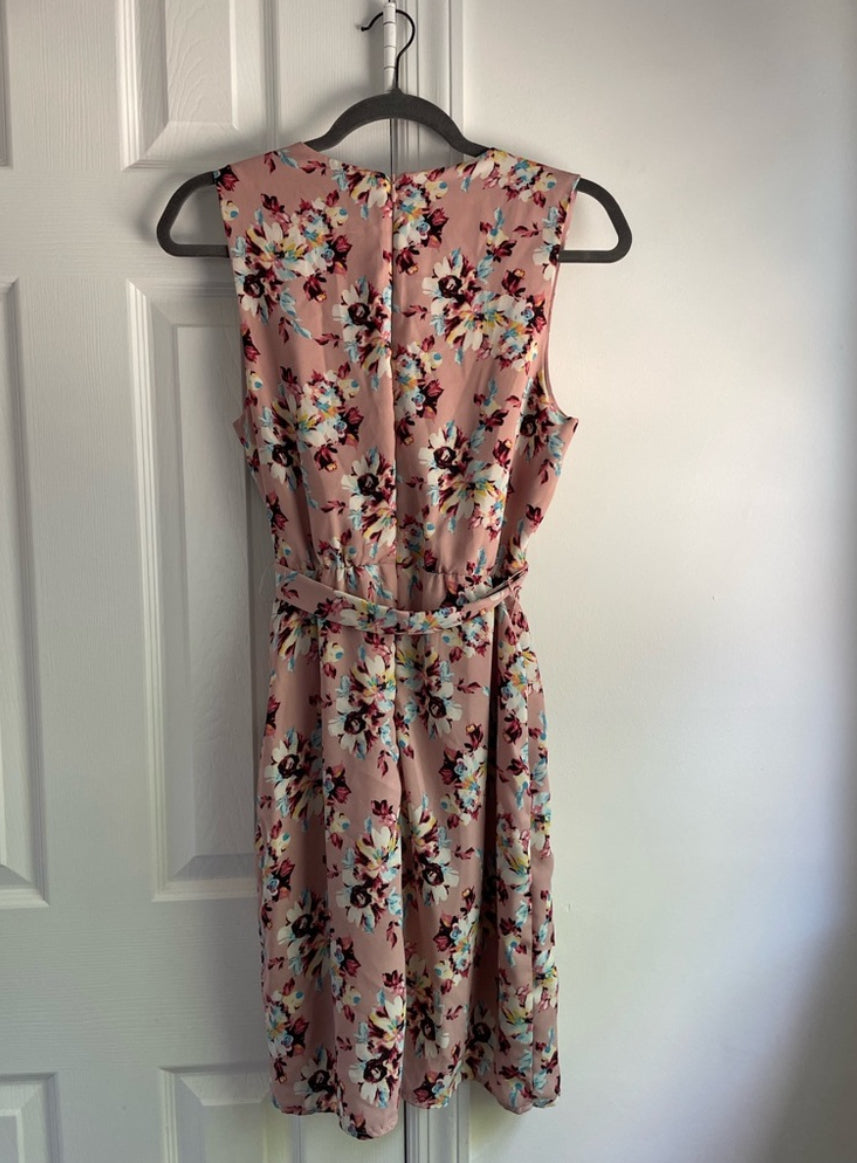 Charles Henry Blush Floral Sleeveless Faux Wrap Belted Mini Dress Size XS $88