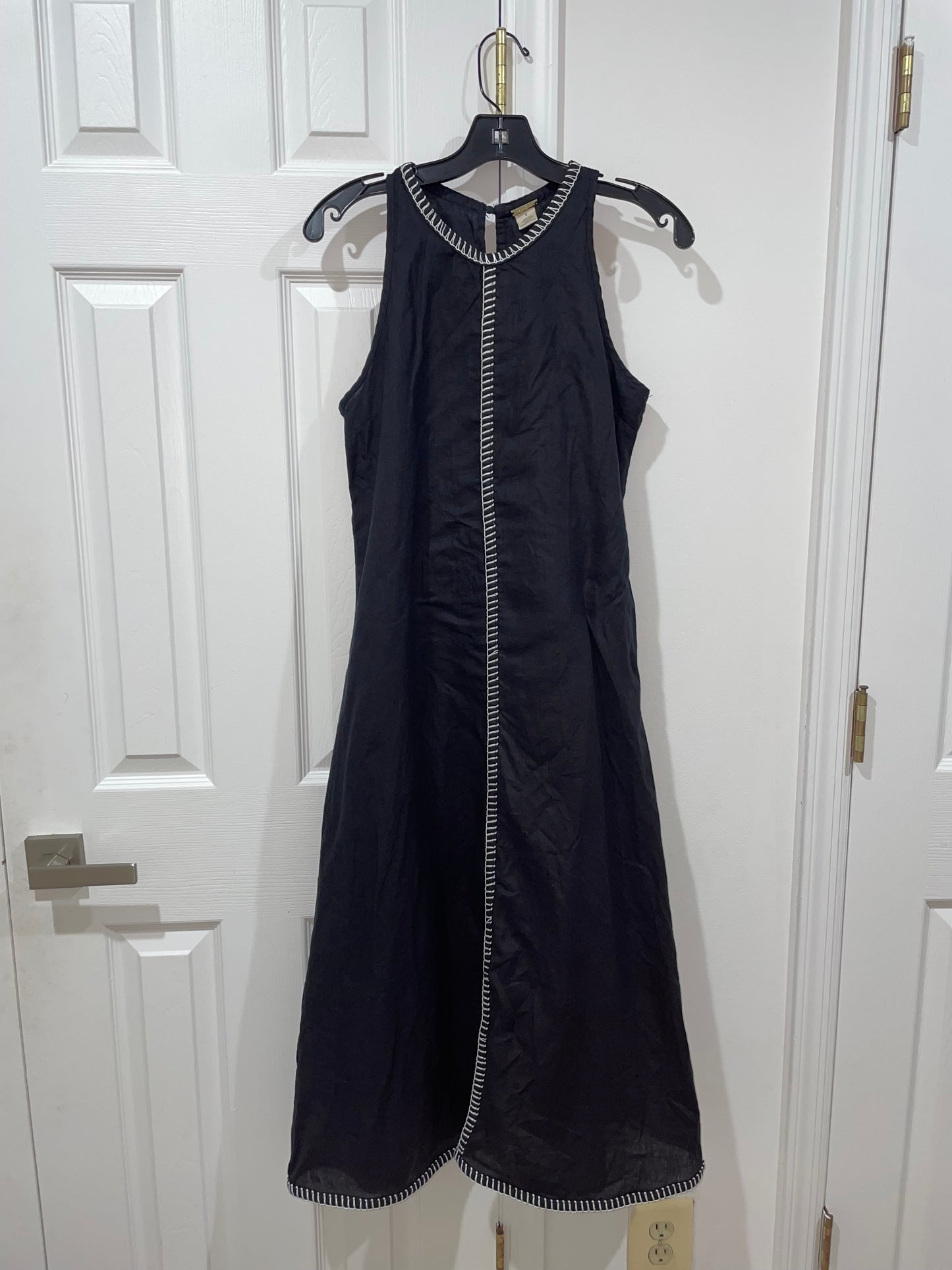 Magaschoni 100% Linen Black Long A-Line Dress White Whipstitch Trim Size 6 $198