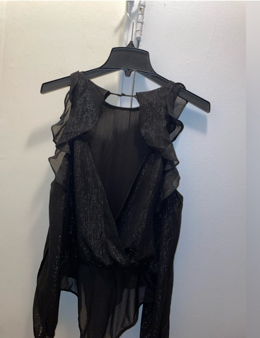 ASTR The Label Analesse Cold Shoulder Black Shimmer Bodysuit Top Sz Medium