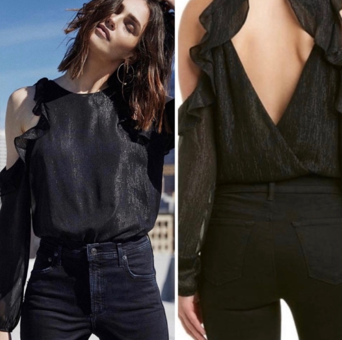 ASTR The Label Analesse Cold Shoulder Black Shimmer Bodysuit Top Sz Medium