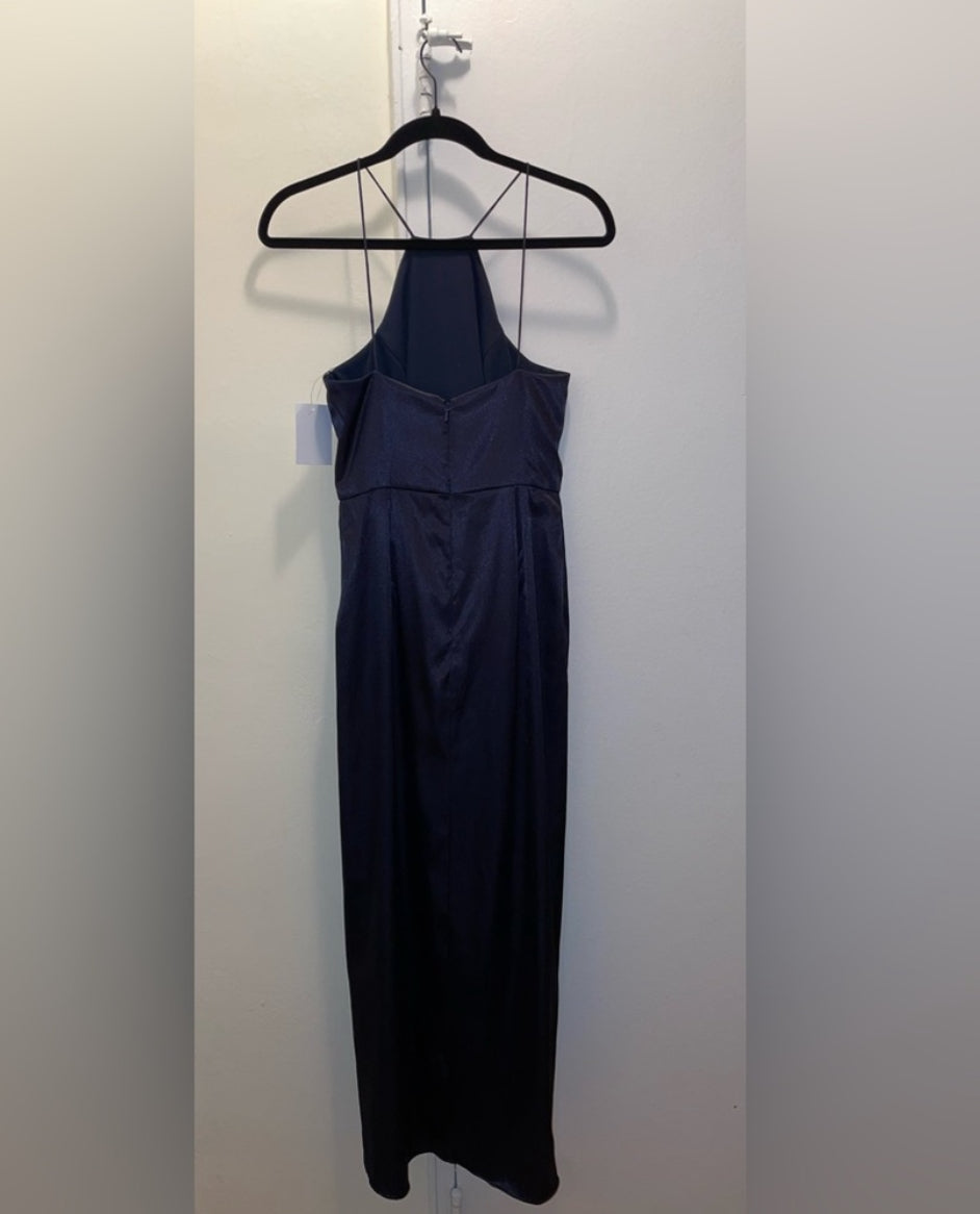 After Six Midnight Blue Charmeuse Halter Midi Dress Draped Tulip Skirt Sz 0 NWT