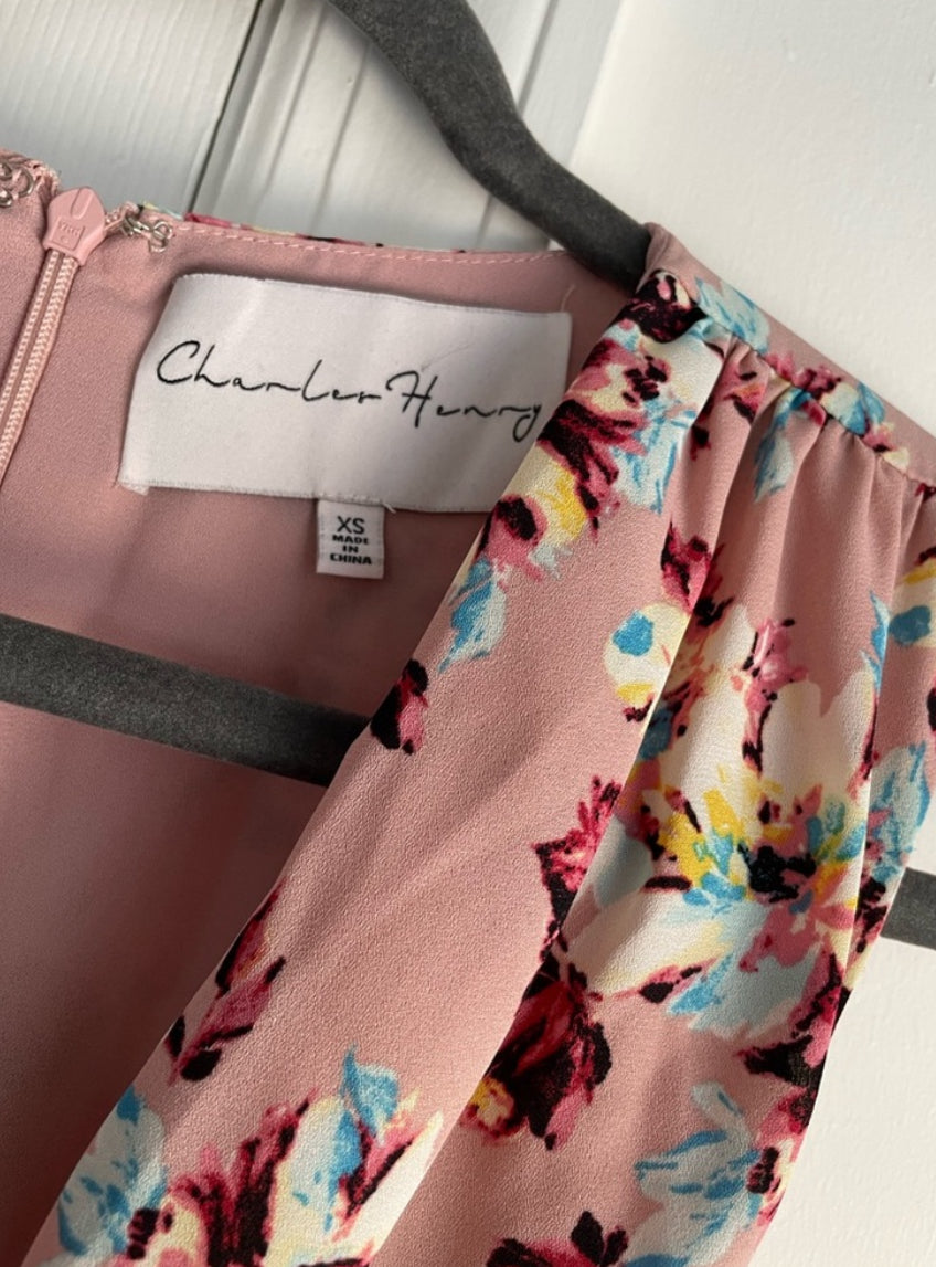 Charles Henry Blush Floral Sleeveless Faux Wrap Belted Mini Dress Size XS $88