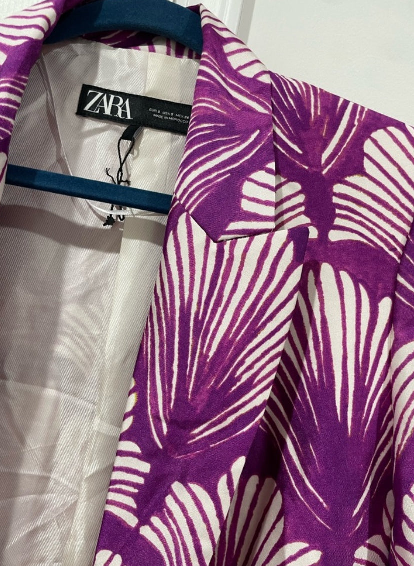 Zara Satin Effect Printed Blazer Purple Multicolor Blogger’s Favorite Size Small