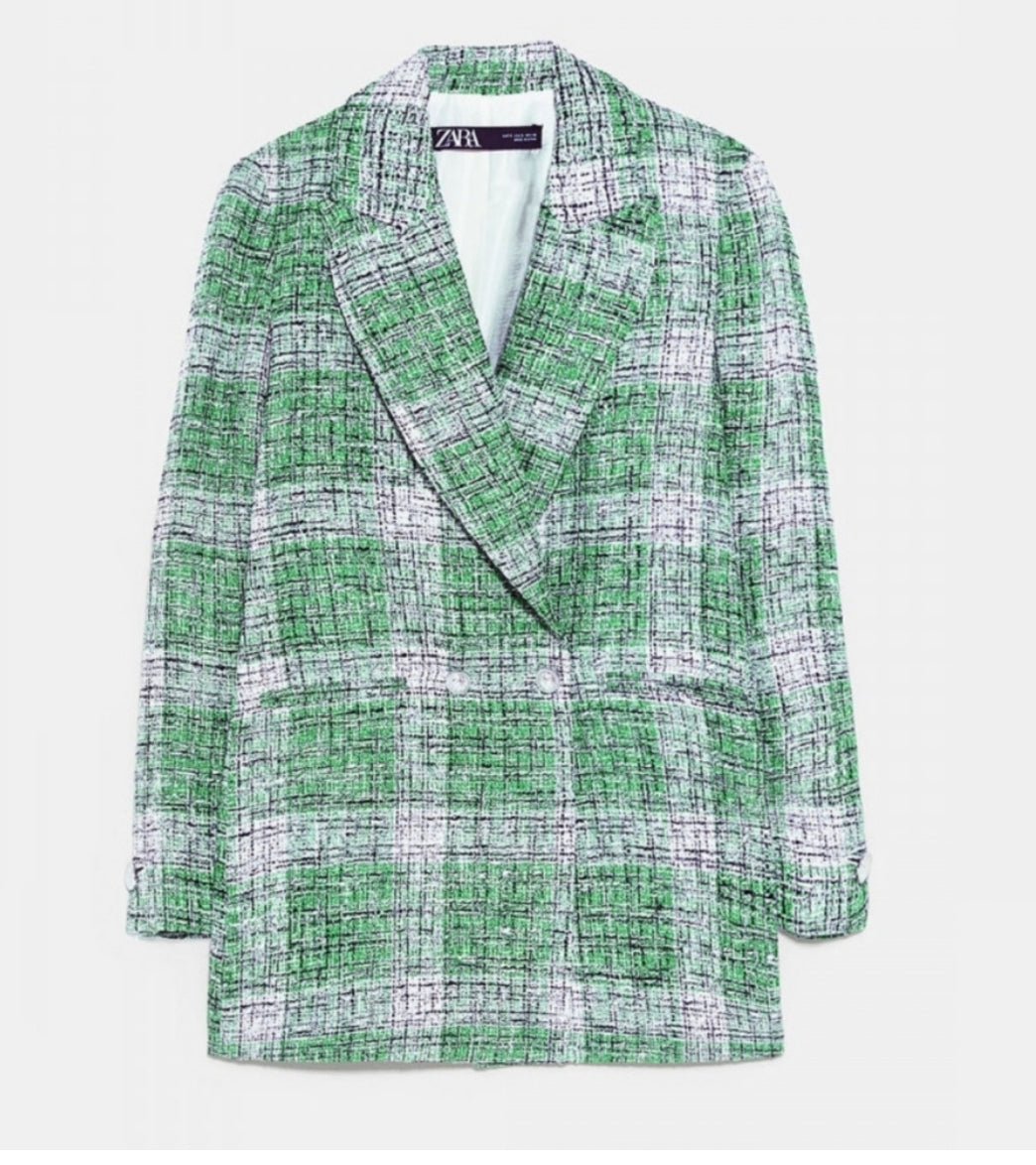 Zara Green Plaid Tweed Oversized Blazer Jacket Blogger’s Fave Size Small