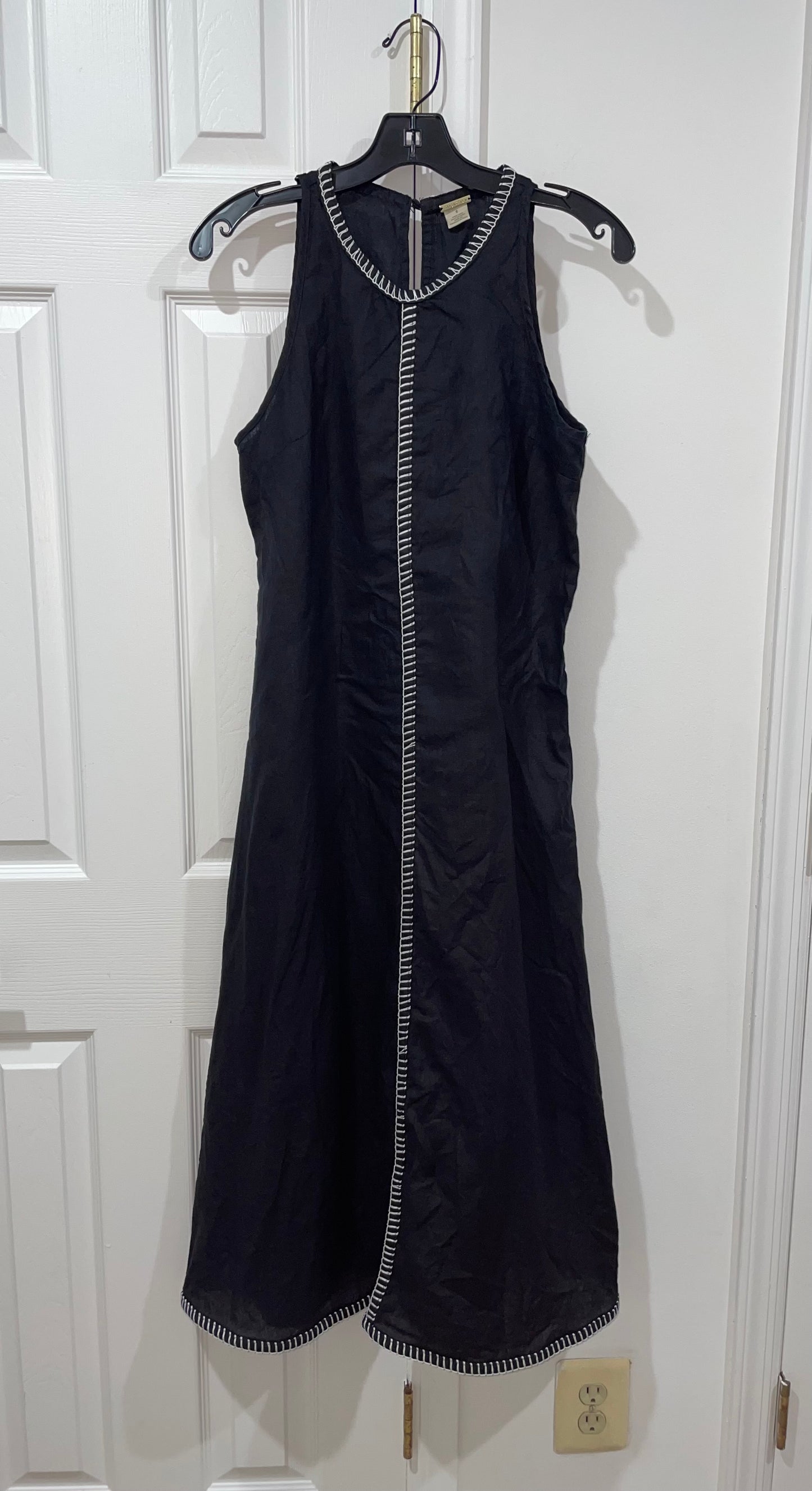 Magaschoni 100% Linen Black Long A-Line Dress White Whipstitch Trim Size 6 $198
