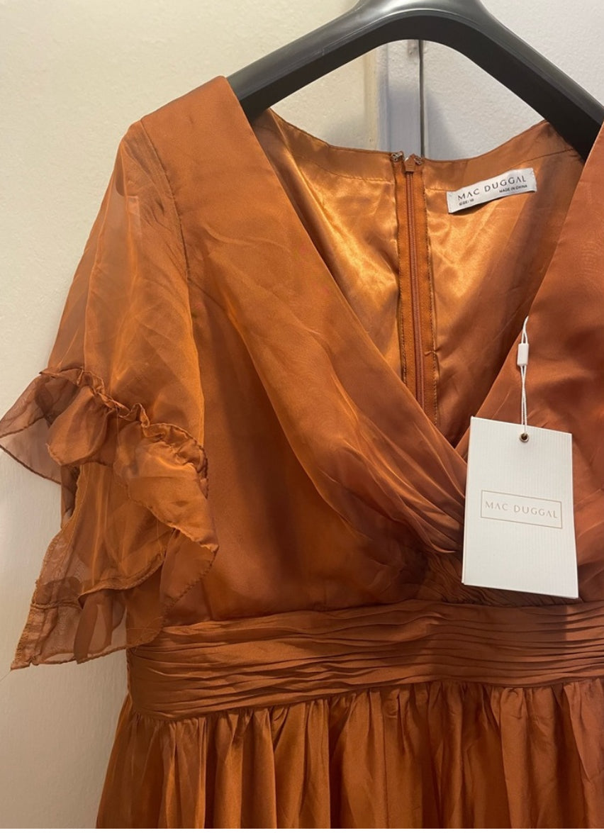 NWT Mac Duggal Ruffle-Trim Midi Dress Flutter Sleeves Rust Colored Size 16 $498