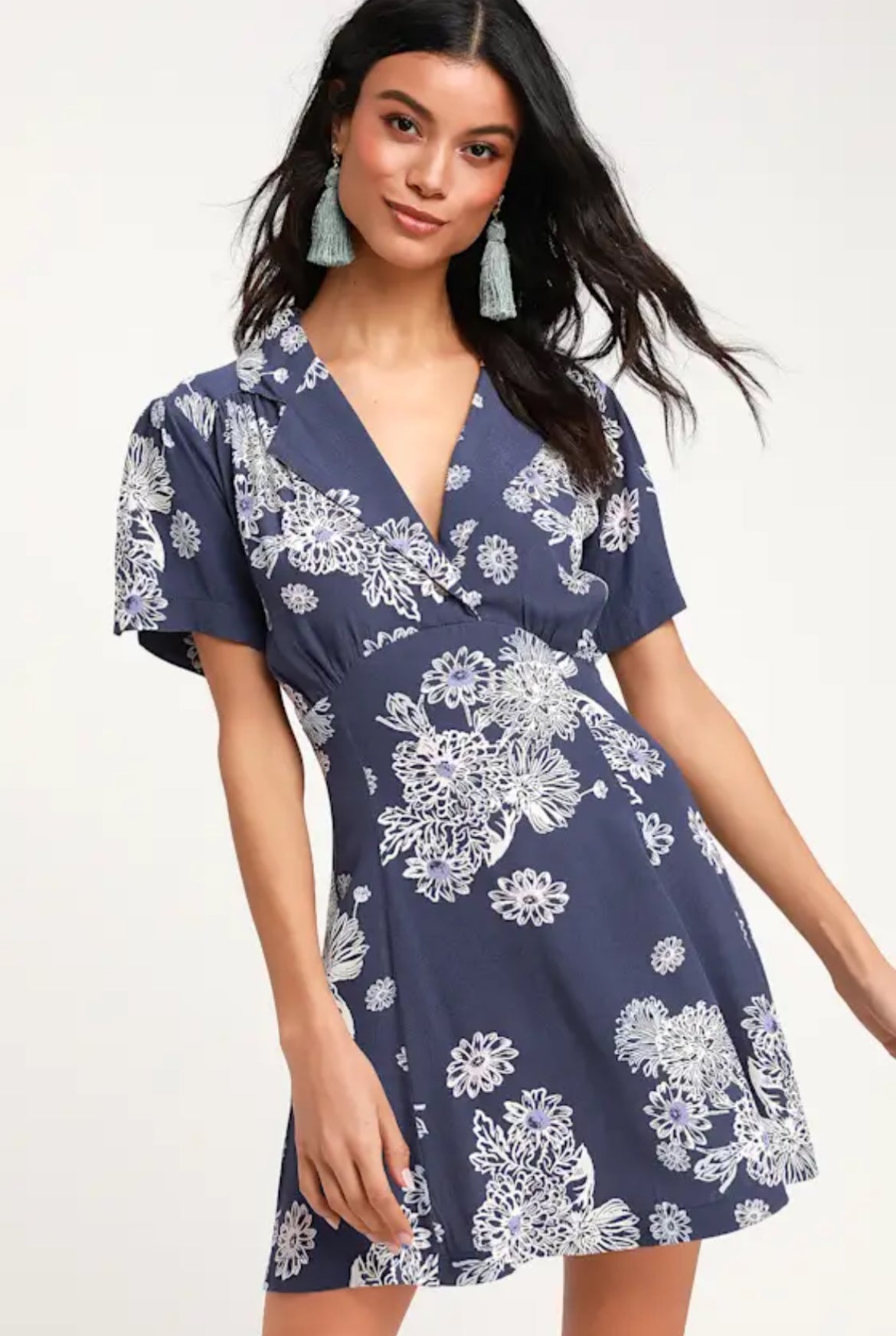 Free People Blue Hawaii Fit & Flare Floral Print Short Sleeve Mini Dress Size XS