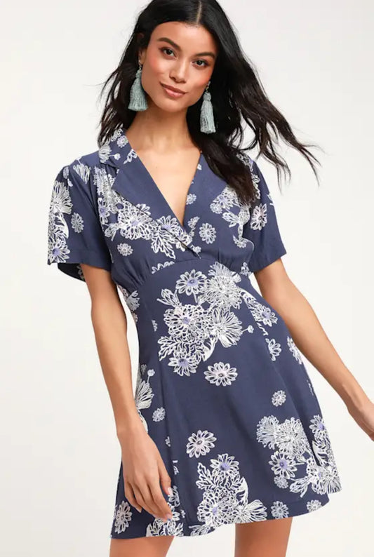 Free People Blue Hawaii Fit & Flare Floral Print Short Sleeve Mini Dress Size XS