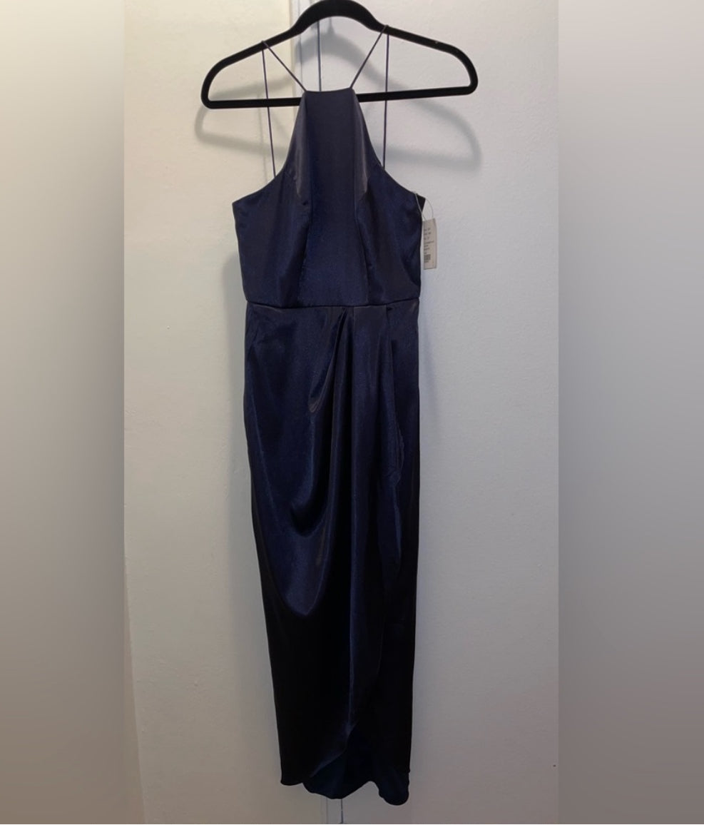 After Six Midnight Blue Charmeuse Halter Midi Dress Draped Tulip Skirt Sz 0 NWT