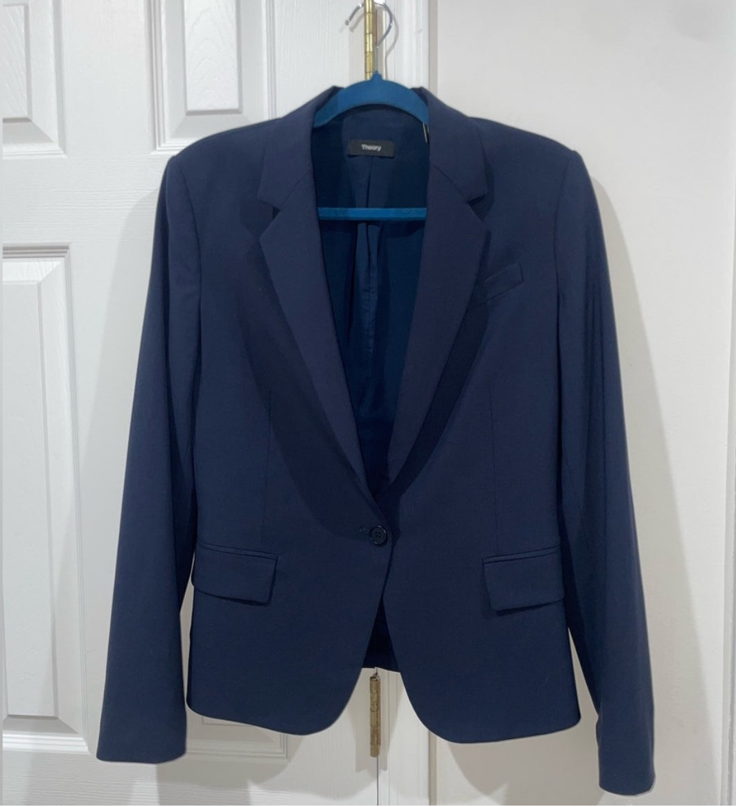 Theory Gabe N Edition Deep Blue Virgin Wool Slim Fit Blazer Size 10 $425