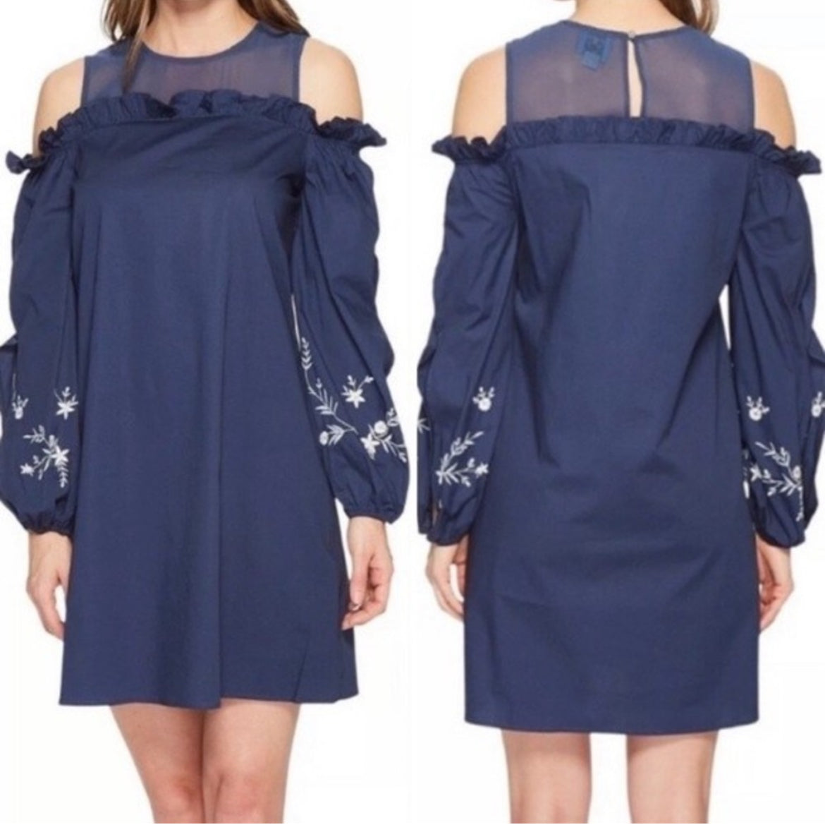 CeCe Cold Shoulder Navy Blue Embroidered Long Sleeve Shift Dress Size 10
