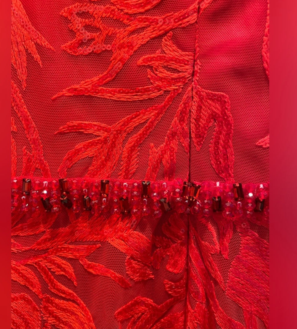 NWT MAC DUGGAL 12421 Red Embellished Puff Sleeve Plunge Neck Trumpet Gown Size 8