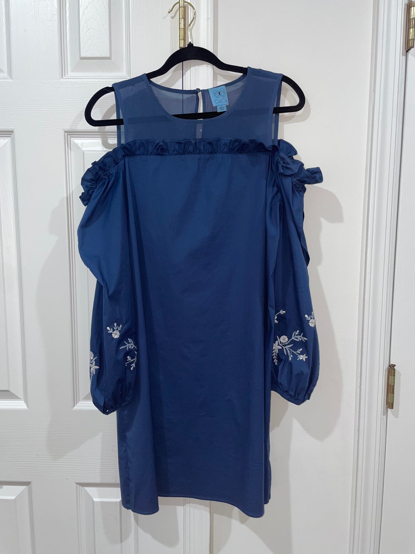 CeCe Cold Shoulder Navy Blue Embroidered Long Sleeve Shift Dress Size 10