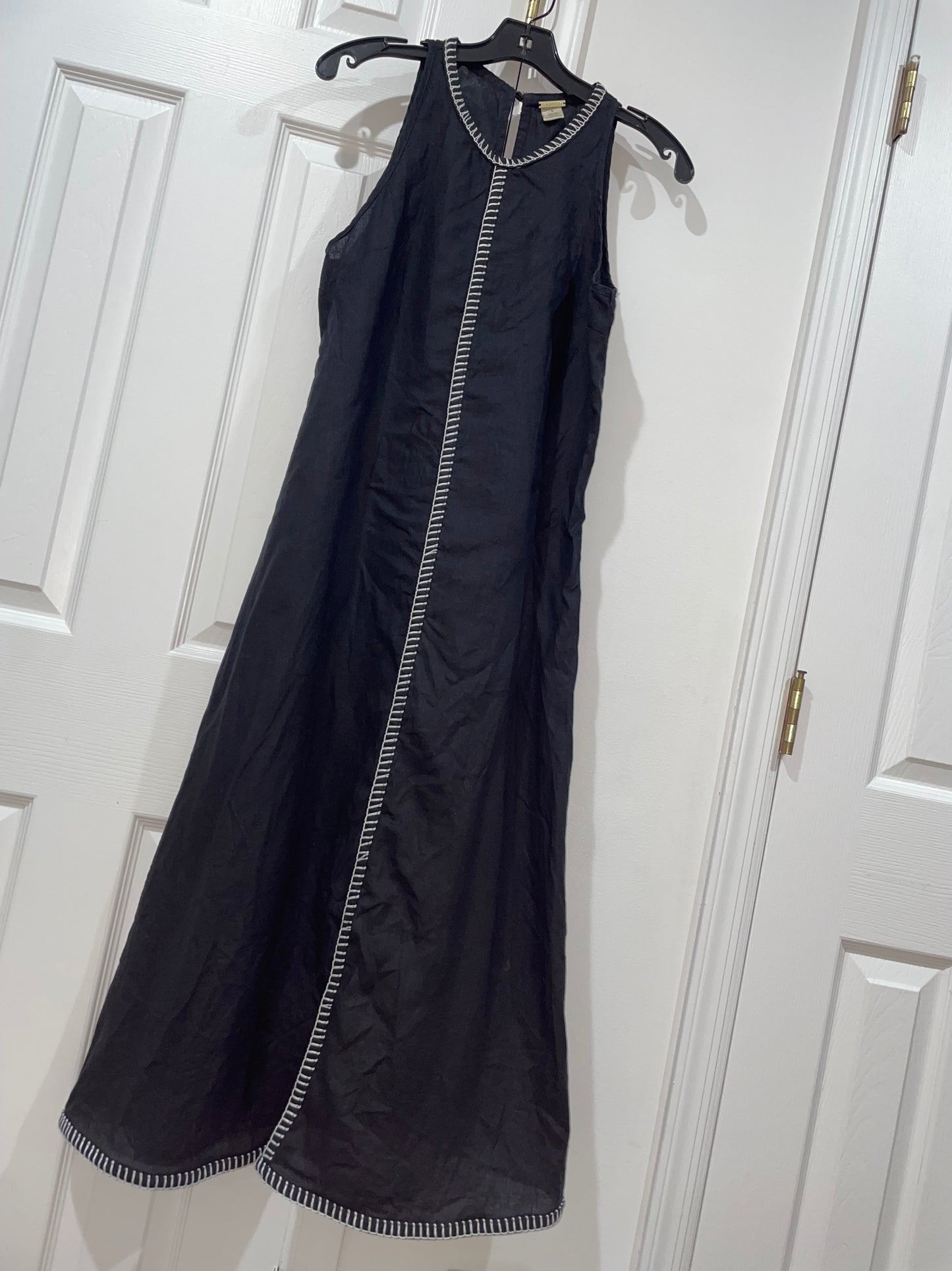 Magaschoni 100% Linen Black Long A-Line Dress White Whipstitch Trim Size 6 $198