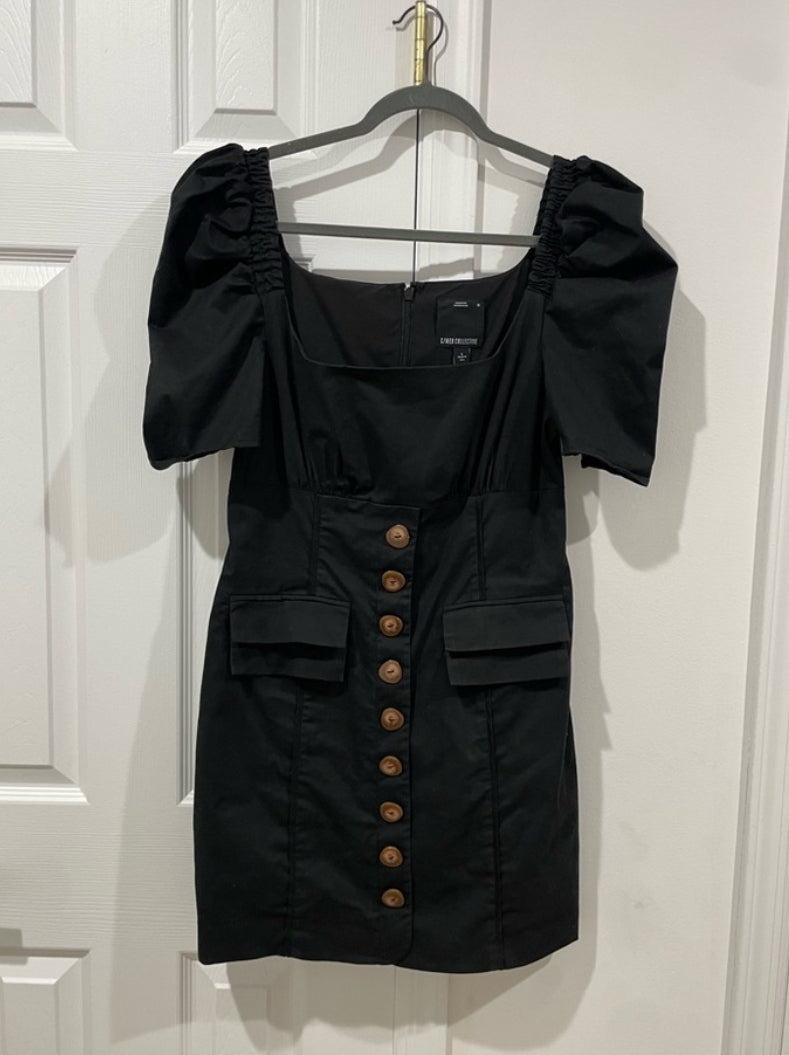 C/MEO Collective Subscribe Dress Black Puff Sleeve Mini Square Neck Size Medium